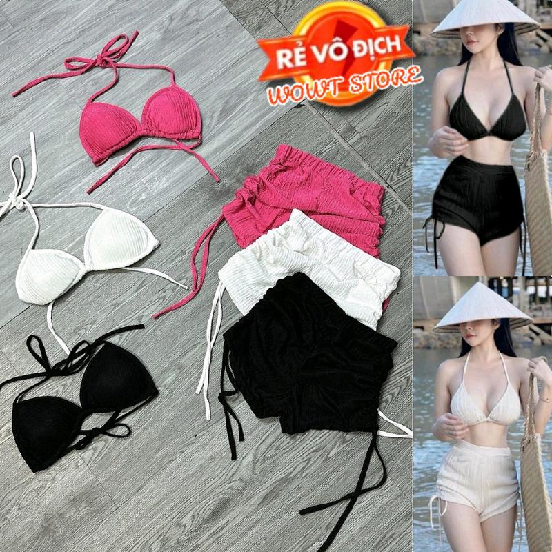 Sét bộ nữ bikini 2 món áo dây bra croptop có mút dây cổ yếm hở lưng kèm quần đùi rút dây lưng thun eo 58-75cm chất thun Nhât Free Size dưới 54kg gợi cảm top hot trend WOWT STORE Kem Voi Nhung Women Đen