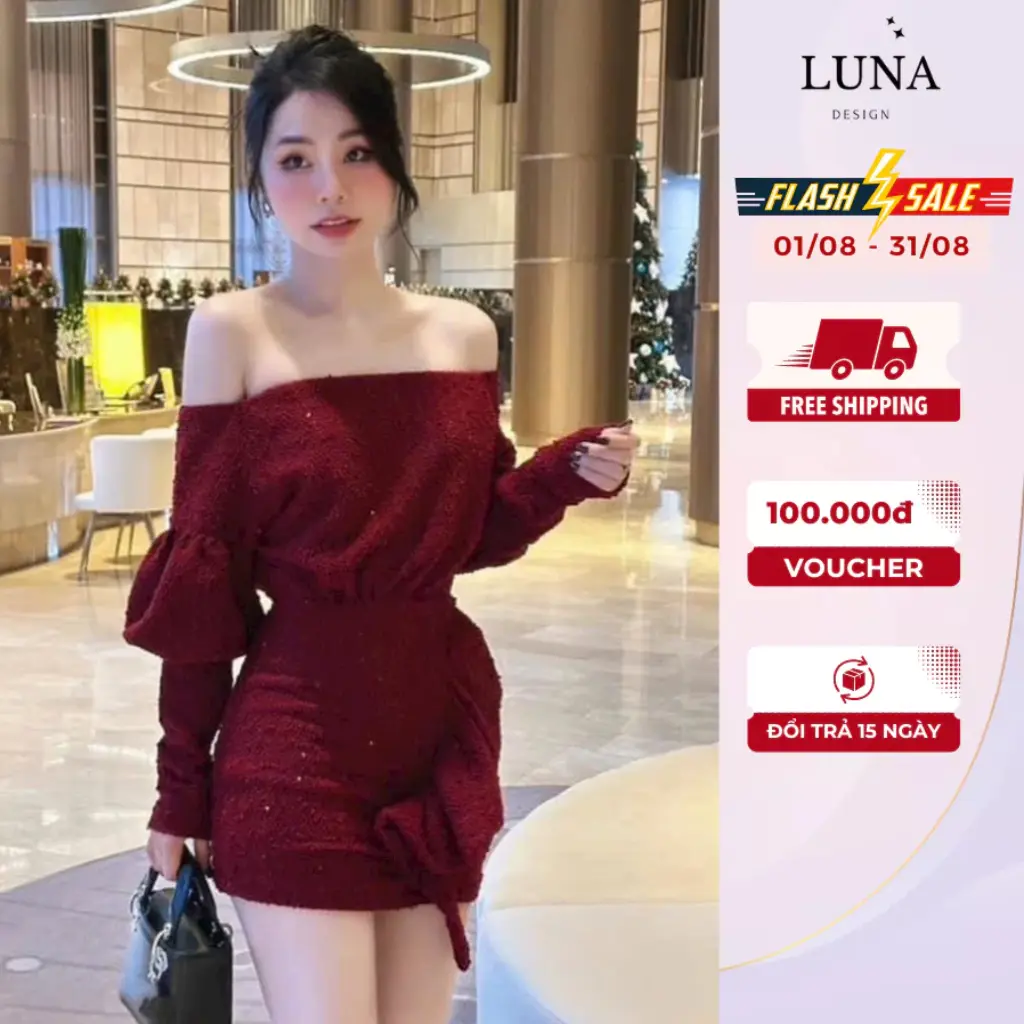 Váy Hot Girl Thiết Kế Trế Vai Luna Design Chất Dạ Kim Sa Viền Bèo Có Lót Trong Đi Tiệc Dạo Phố Sang Chảnh Quyễn Rũ