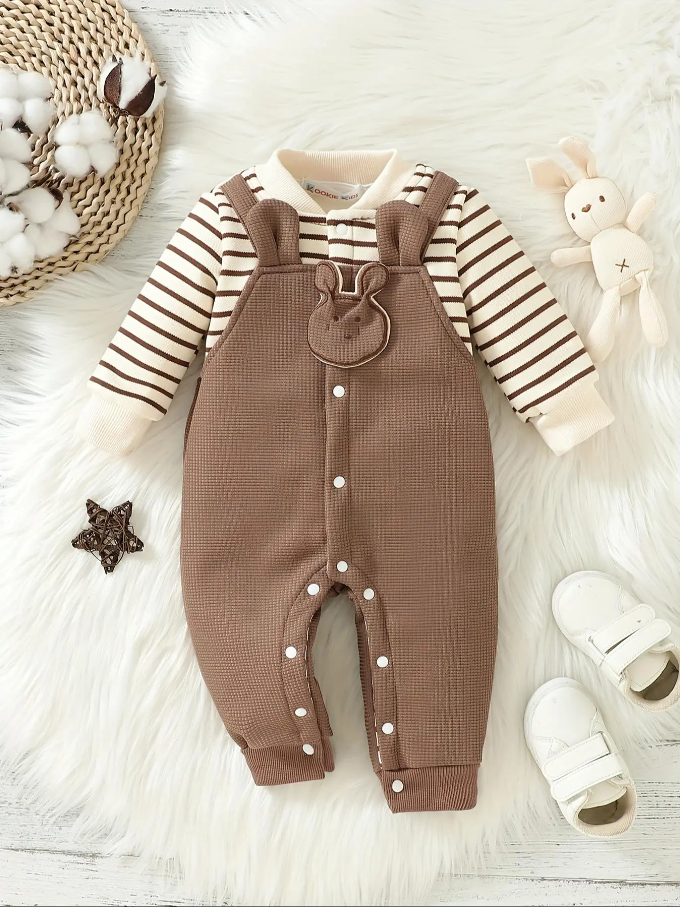 Unisex Cute Waffle Knit Patchwork Striped Print Button Front Jumpsuit, Long Sleeve One-pieces for Baby Boys & Girls, Newborn Infant Kids Fall & Winter Clothes