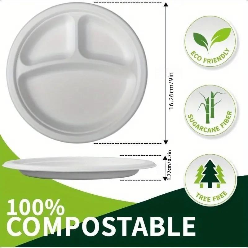 9 Inch Disposable Paper Plate, 100pcs/set 3 Compartment Disposable Paper Plate, Disposable Tableware for Party, Picnic, Camping 2