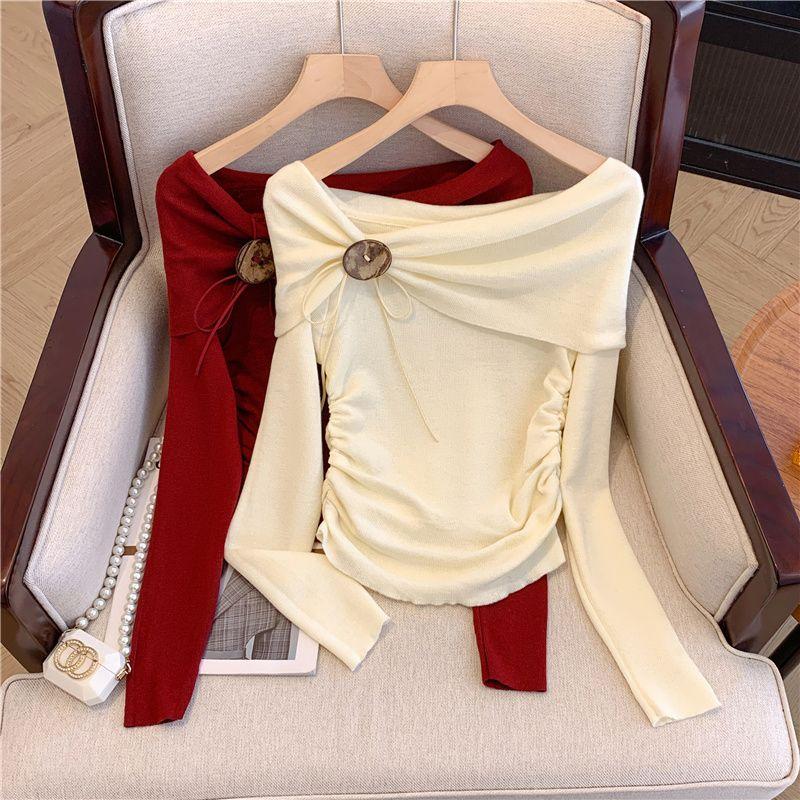 Áo Len Dệt Kim, Trang Phục Mùa, Màu Đỏ, Thiết Kế Thanh Lịch Và Bất Đối Xứng, Eo Hẹp, Trễ Vai, Ôm Sát, Dài Tay, Dành Cho Phụ Nữ, Đầu Mùa Thu, Phong Cách Y2g, Trễ Lưng, Thanh Lịch, Áo Trên