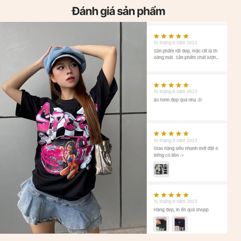 Áo thun unisex nam nữ INDIGO SPEED, áo thun cổ tròn form rộng chất liệu cotton kiểu dáng oversize. TS010 Women Đen Top 9