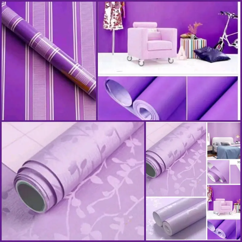 Wallpaper Dinding Ungu Polos Bertekstur Salur Daun Mewah Elegan Modern Kekinian Terbaru Kertas Pvc 0