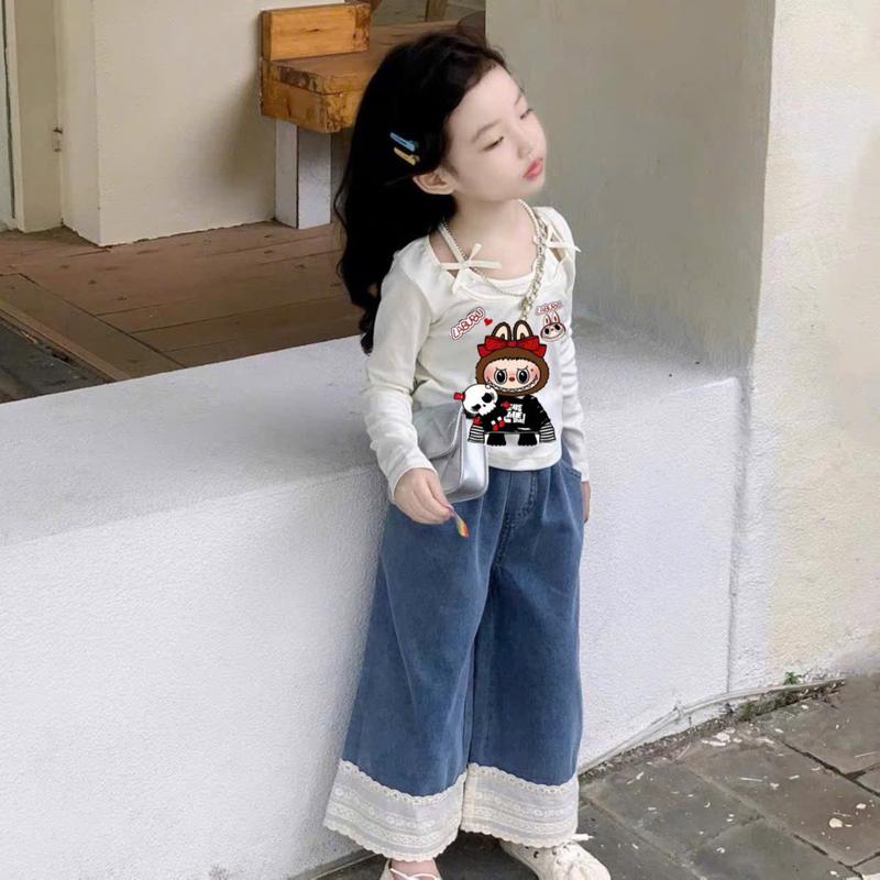 Set bộ bé gái set áo thun cách điệu kèm quần jean bò ống suông phối ren phong cách Hàn Quốc 10-30kg