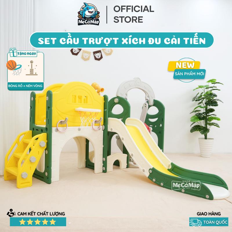 Cầu Trượt Xích Đu Cho Bé Tặng Kèm Bóng Rổ +Ném Vòng+ Ống Nhóm, Cầu Trượt Cải Tiến Máng Dài 1m8 Nhựa Nguyên SInh An Toàn