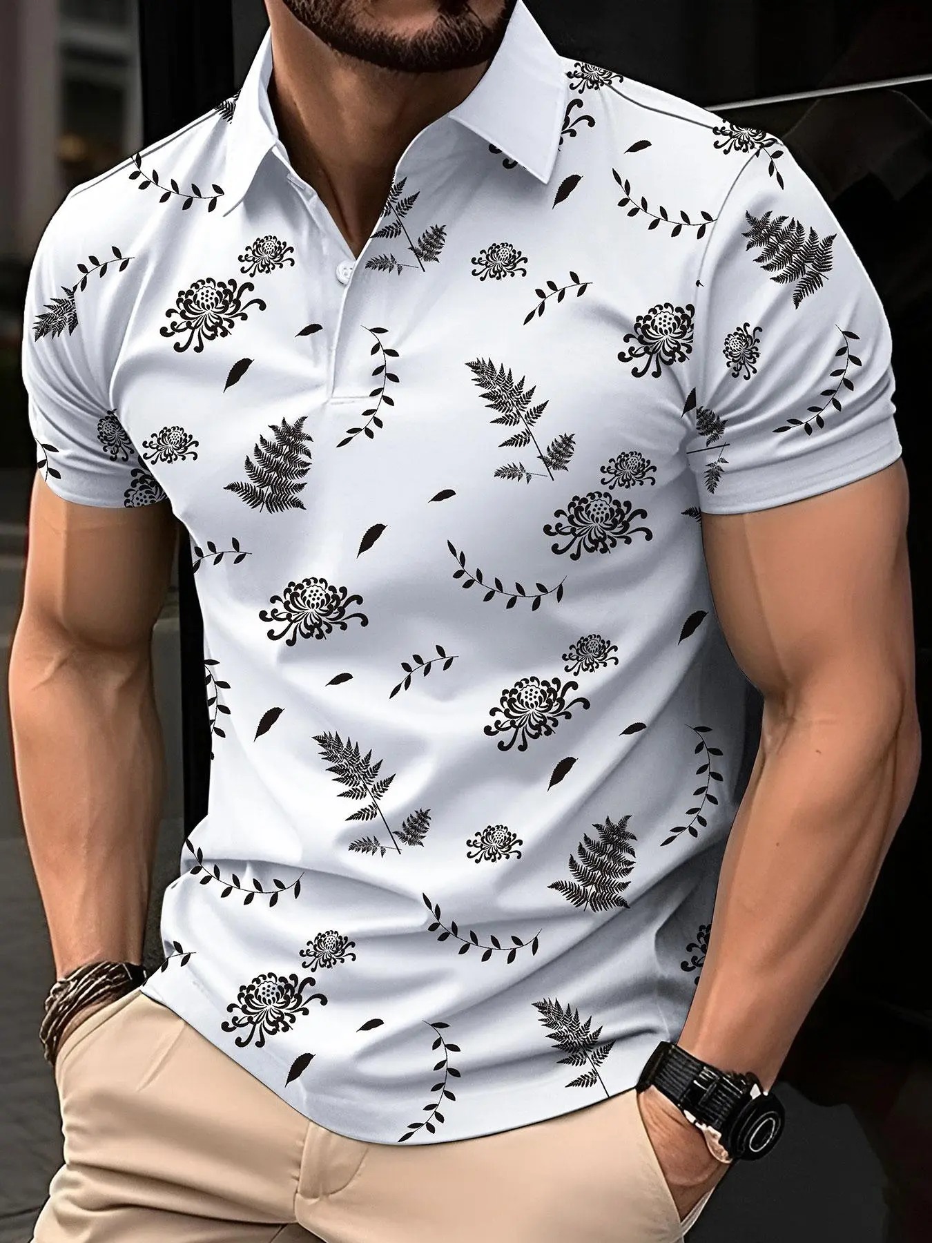 Men's Plants Print Short Sleeve Polo Shirt, Regular Fit Casual Button Front Polo Neck Top, Men's Clothes for Summer Daily Wear