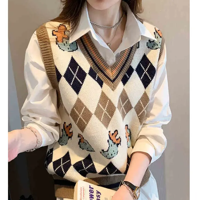 Váy Băng Quấn Áo Vest Dệt Kim, Nữ Thiết Kế Đẹp Mới, Áo Ghi Lê Độc Đáo Áo Mặc Bên Ngoài Áo Len Hình Thoi Áo Ghi Lê