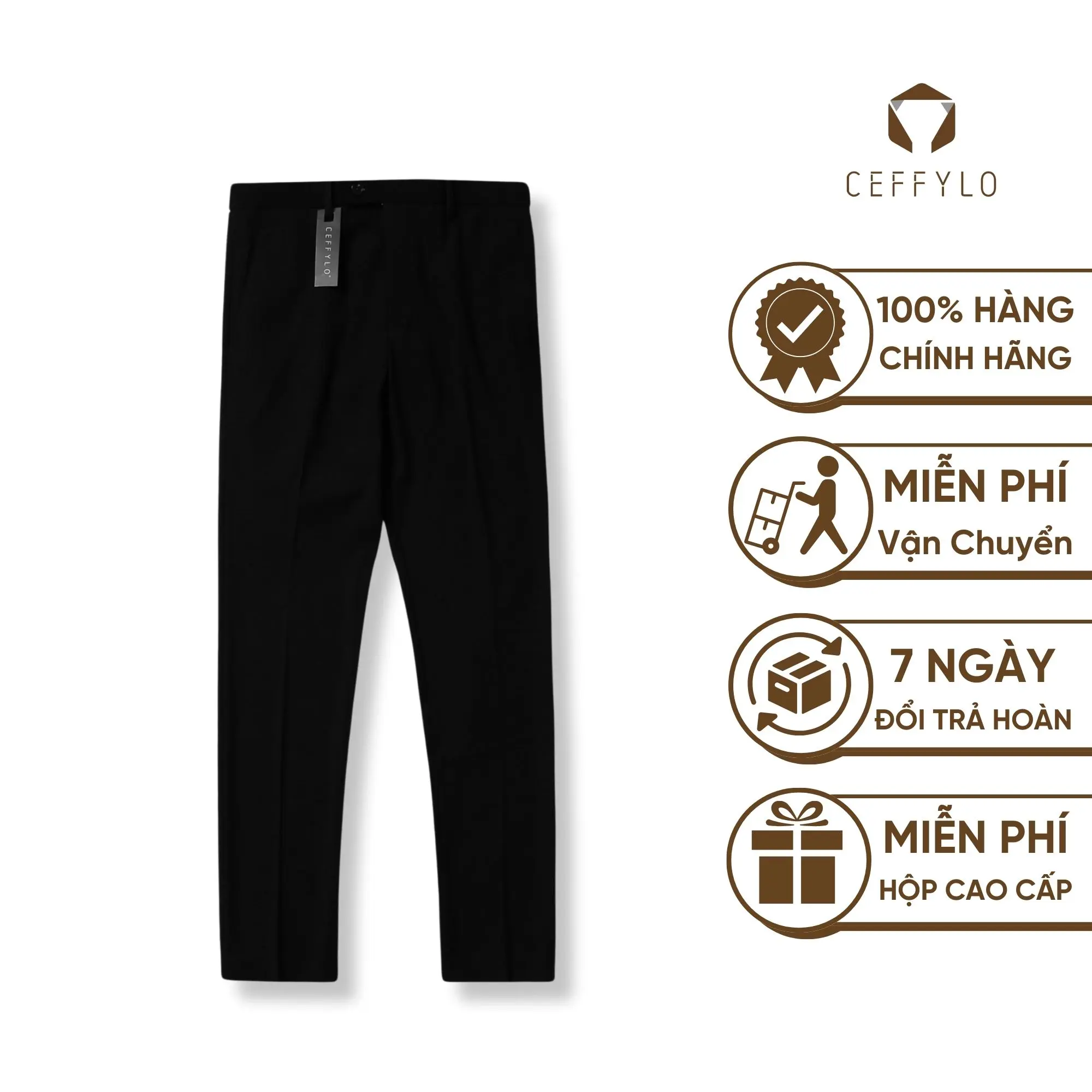 Quần âu Nam trơn Đen dáng ôm Công Sở CEFFYLO Chất Liệu Cotton Cao Cấp