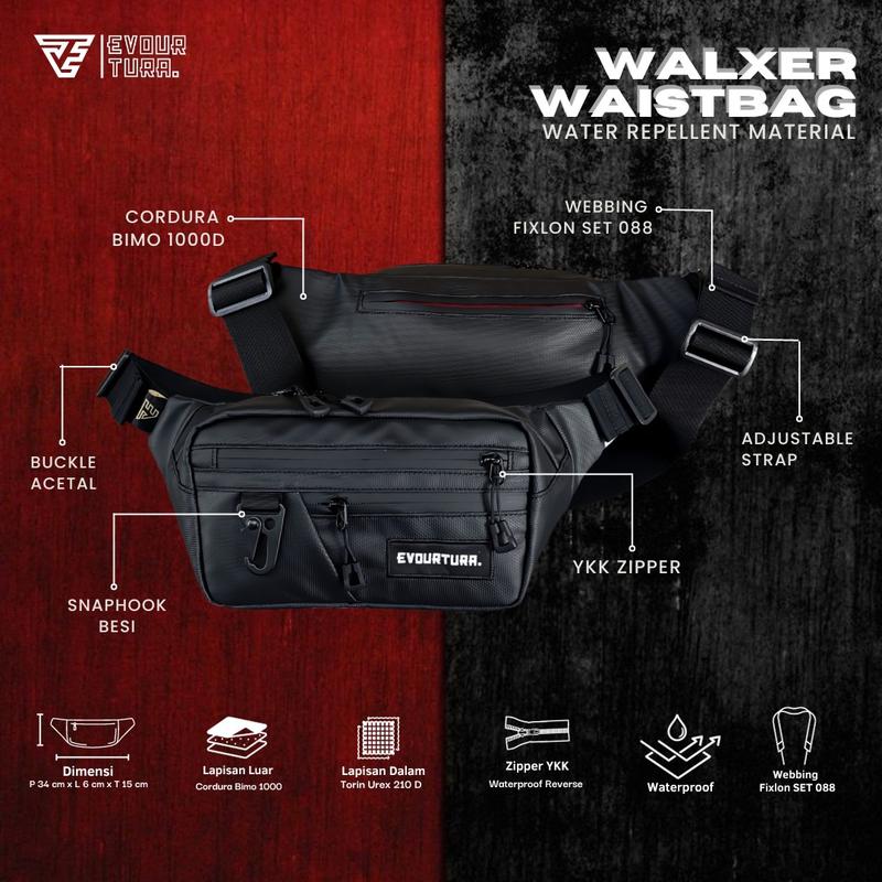 Tas Premium Anti/Tahan Air Waist Bag Premium Waterproof Hitam Selempang Slingbag Pria Tas Slempang,Tas Pinggang Tas Pria/Cowok Dewasa/Remaja [Walxer] Waistbag 6