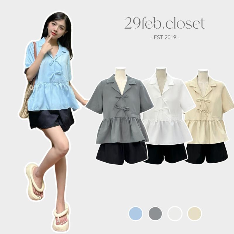 Set Áo Babydoll Cổ Vest Đính Nơ Cách Điệu 29feb.closet Kèm Quần Sooc Đùi Chất Thô Mềm Nữ Tính - S230 Kem Women Jacket Top