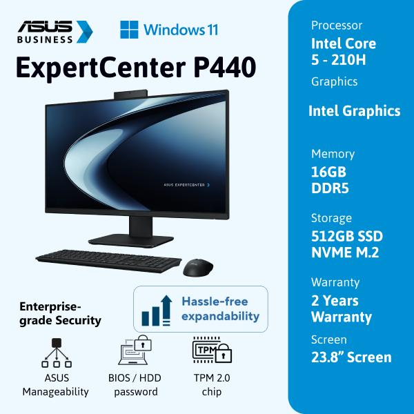 ASUS ExpertCenter P440 [P440VAK-B5152WS] 23,8" FHD/intel 5-210H/DDR5 16G/512G PCIe SSD G4/Win 11 Home +OHS'24+M365/2YOSS (1Y ADP)/Black  (TPM/WiFi 6/Wireless KB&MS/HDMI-in/Mcfee)