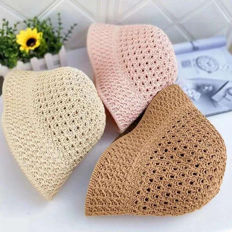 Product Introduction of Bucket Spring Summer Hollow Knitted Hat Solid Color Sunhat Fisherman Caps Casual Foldable Beach Cap 32