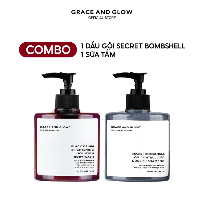 Combo sữa tắm và dầu gội than tre Bombshell dành cho tóc dầu GRACE AND GLOW 400ml + 400ml Dưỡng Da Body Nữ
