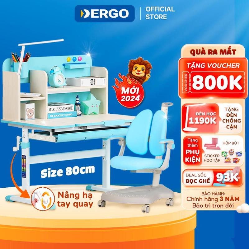 [DERGO HCM] Bộ Bàn Học Chống Gù DERGO LEO A80 Bàn Học Cho Bé Nâng Hạ Tay Quay