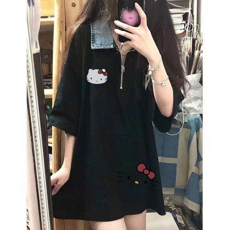 Product Introduction of Áo Polo Có Khóa Kéo, Siêu Phổ Biến, Phong Cách Preppy Mới Mùa Hè, Áo Thun Ngắn Tay Nữ, Áo In Hình Hello Kitty, Thời Trang Ins 9