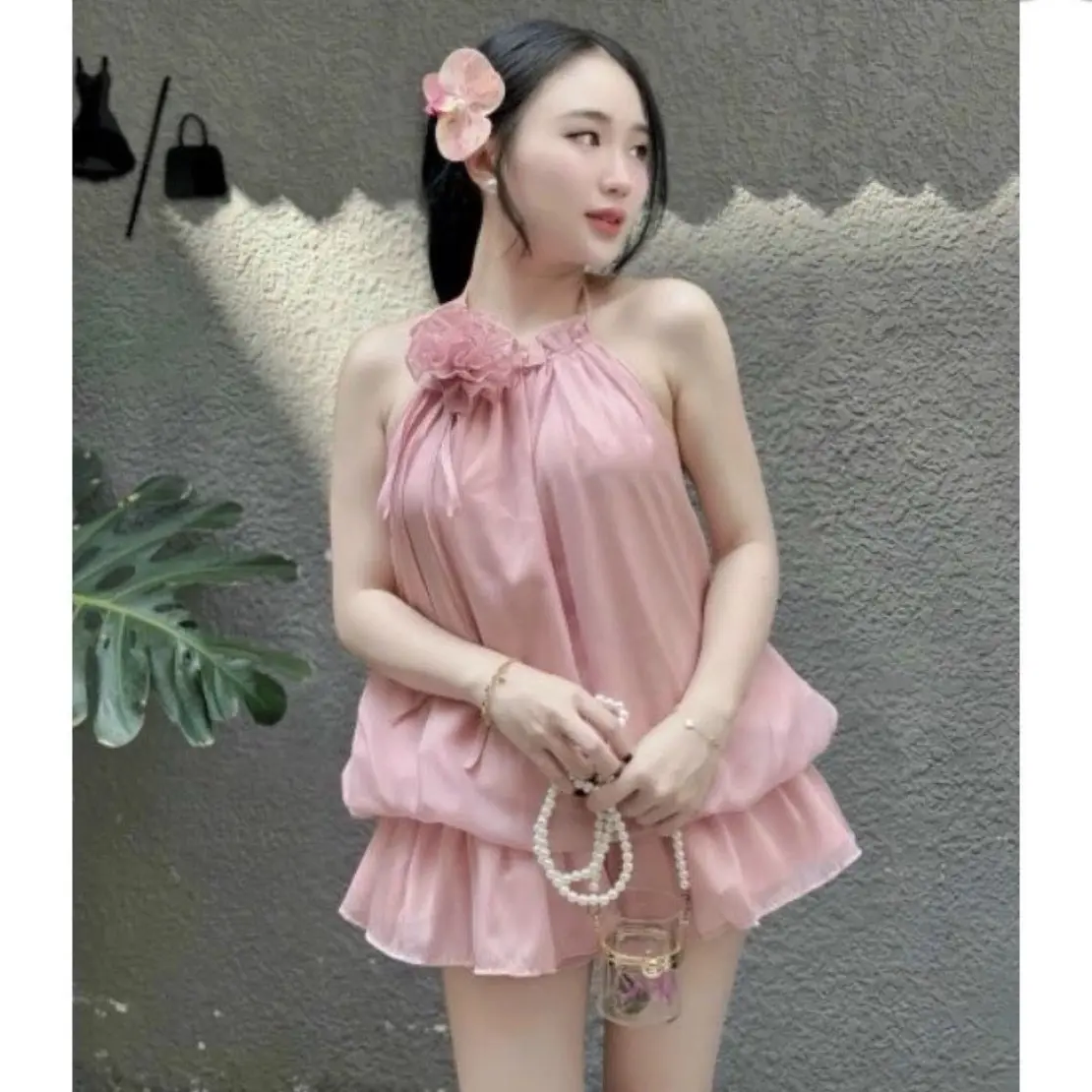 Set Tơ Áo Yếm Xếp Rúm Đính Hoa Kèm Ảnh Thật