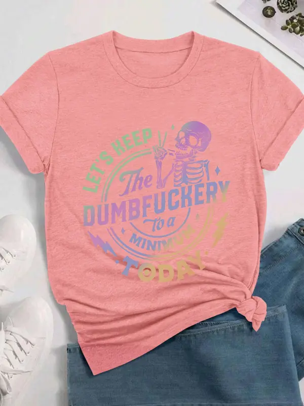 Women's Letter & Skeleton Print Round Neck Graphic Tee, Vintage Trendy Casual Short Sleeve T-shirt for Daily Wear, Ladies Summer Outfit 4