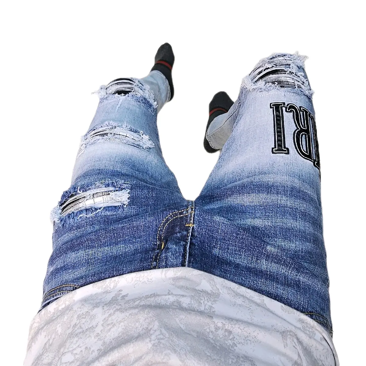 [Ảnh Tự Chụp] Quần Jean Xanh Vá Gối, thêu chữ nổi Mã 208 Like Auth Menswear Pants có túi Denim