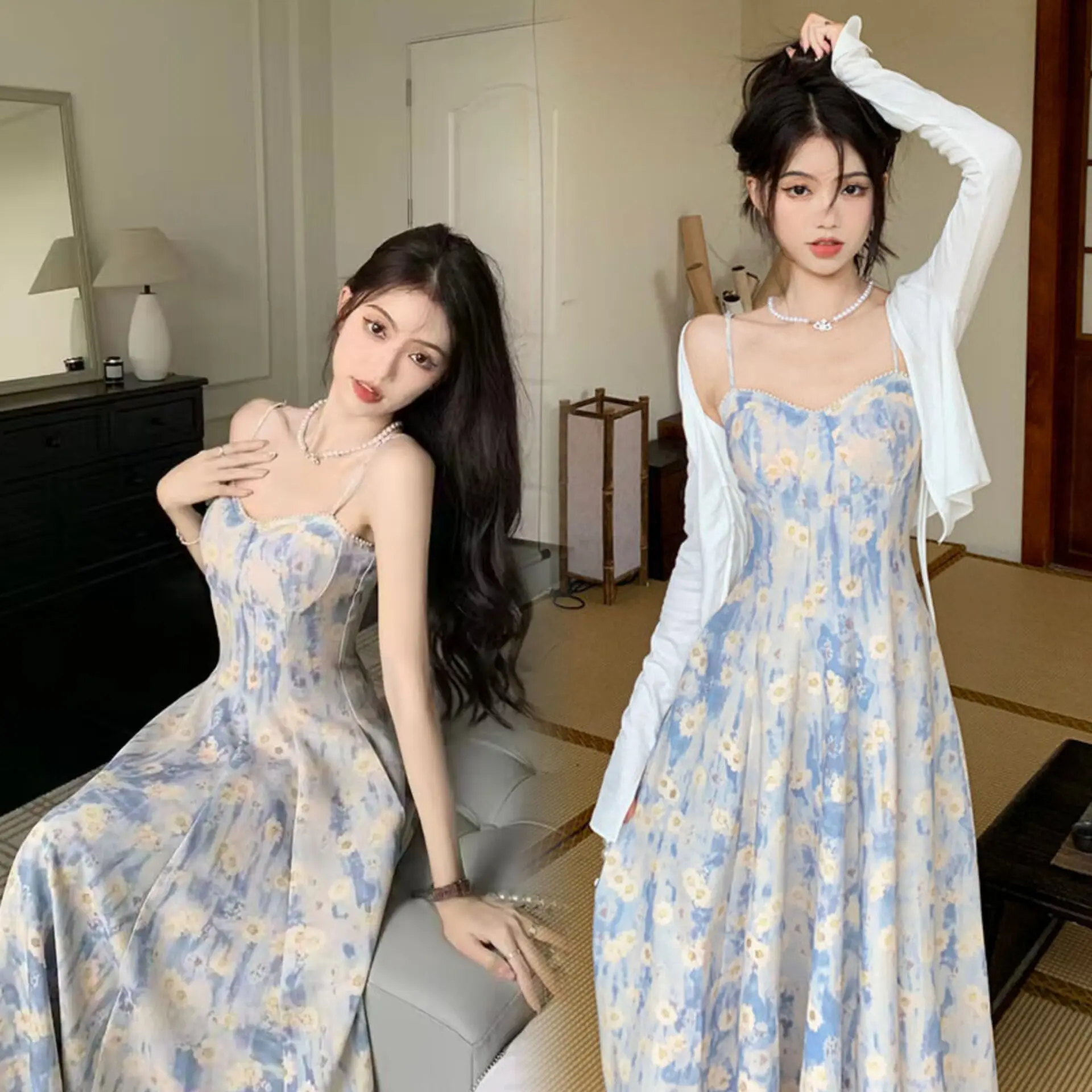 French Blue Oil Painting Floral Strap Dress Women's Spring and Summer New Fitted Waist Sweet Fairy Temperamental Midi Dress