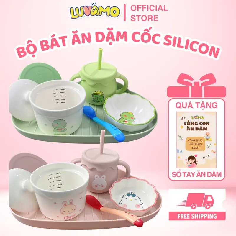 Bộ bát ăn dặm cao cấp cho bé kèm cốc tập hút, bát sứ, thìa cho bé màu sắc đa dạng nghộ nghĩnh Luvamo Kem Voi hũ thủy tinh bát  thìa  ăn  dặm  cho  bé 0