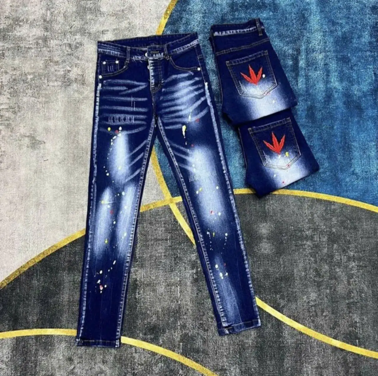 Quần jean nam xanh thêu chữ nút khóa cao cấp vải dày dặn mềm mịn co giãn Pants Menswear Có Túi