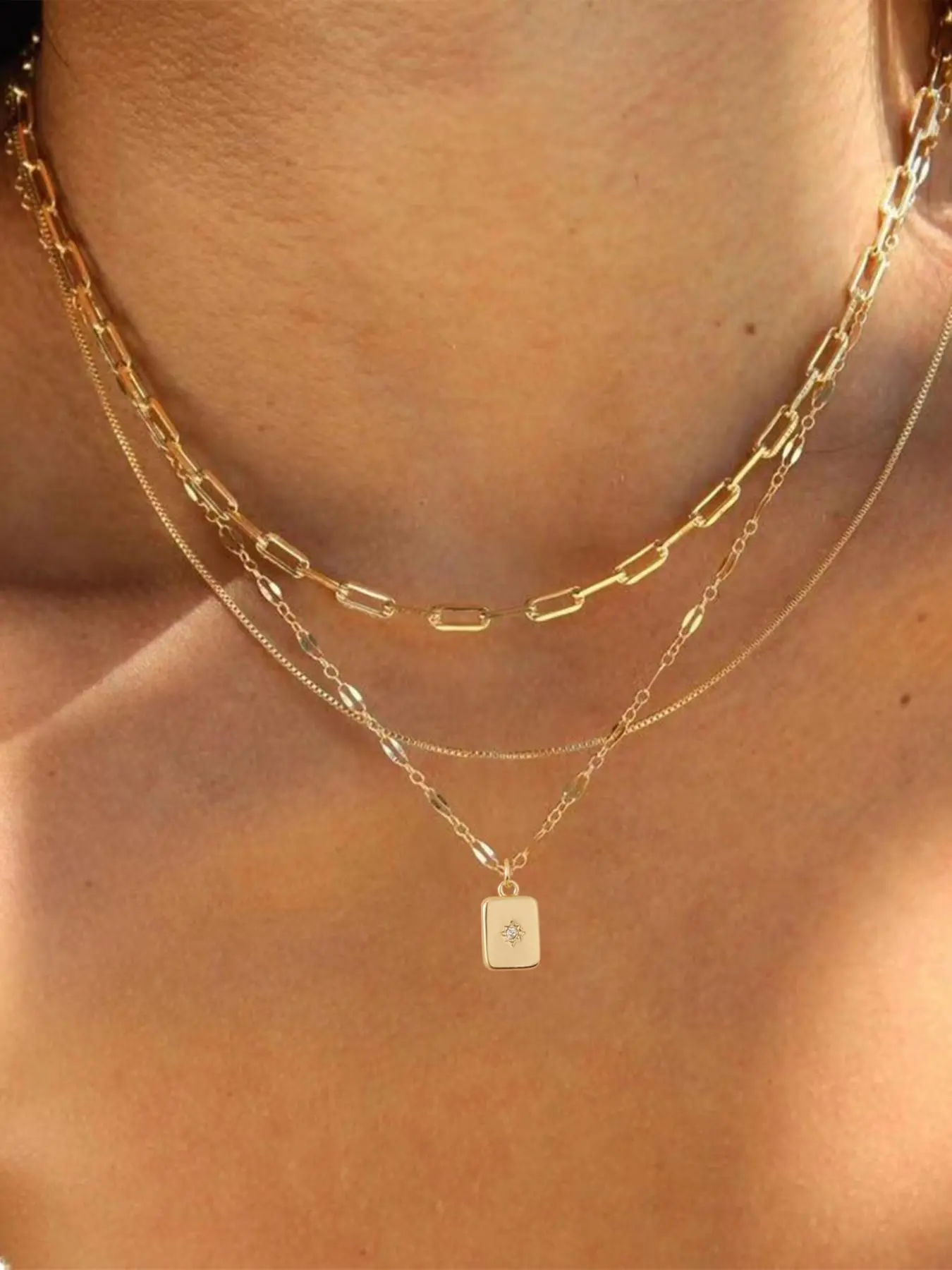 Women's Luxury Adjustable Necklace Set, Valentine's Day Gift, 3 Counts Trendy Artificial Zircon Decor Chain Necklaces & Square Shaped Pendant Necklace Set, Exquisite Trendy Jewelry, Girlfriend Gifts