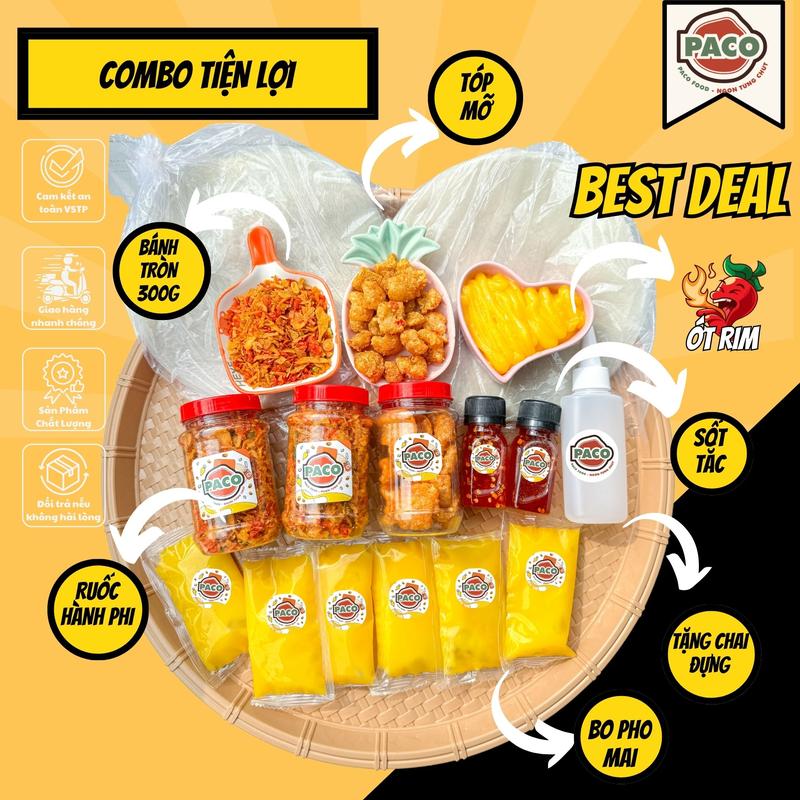 [DEAL LIVE] COMBO BÁNH TRÁNG TIỆN LỢI PACO FOOD GỒM 2 BÁNH 150g 2 HỦ RUỐC HÀNH PHI 1 HỦ TÓP MỠ 4 TÚI BƠ PHÔ MAI KÈM 1 SỐT TẮC 1 ỚT RIM-ĐỒ ĂN VẶT SNACKS Thức Ăn
