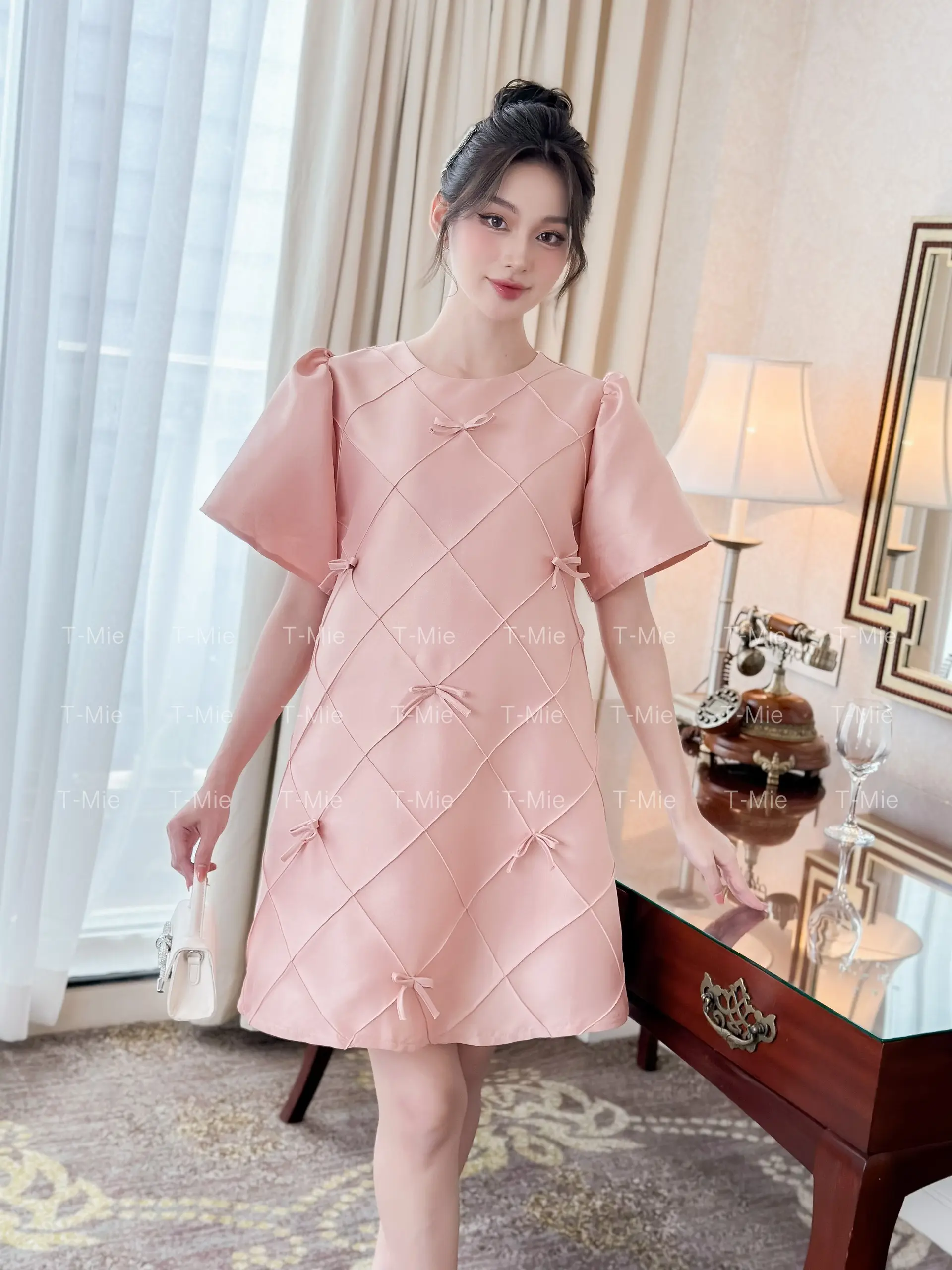 T-Mie | Đầm Bầu Thiết Kế Đi Tiệc Chất Liệu Tafta Đính Nơ Xinh Đẹp  , MD4980 Váy Bầu Nữ Nhung