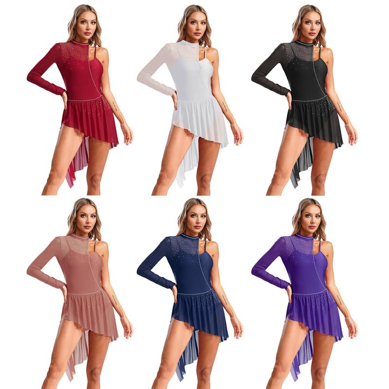 dPois Women Single Long Sleeve Lyrical Dance Costume Irregular Skirt Leotard Modern Contemporary Dress 1