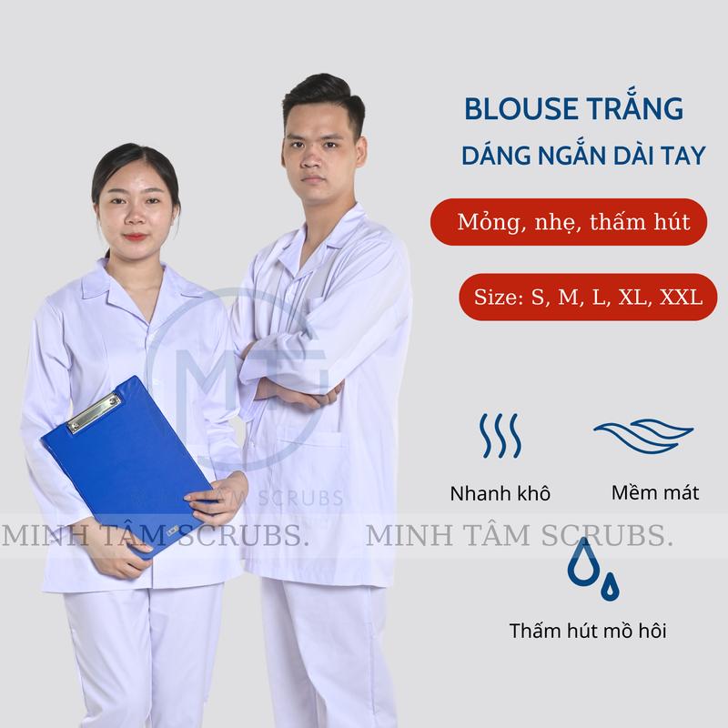 Bộ quần áo blouse trắng dáng ngắn DÀI TAY dành cho y tá, điều dưỡng, dược sĩ, kĩ thuật viên, sinh viên y dược, quầy thuốc, phòng khám Workwear & Uniforms