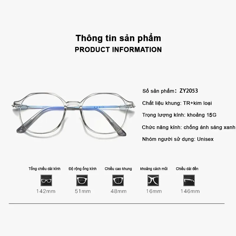 【Cận thị 0.5 đến 4.0 độ】Tròng kính chống bức xạ kính gọng tròn thời trang kính cận thị chống ánh sáng xanh dành cho nam và nữ 168 8