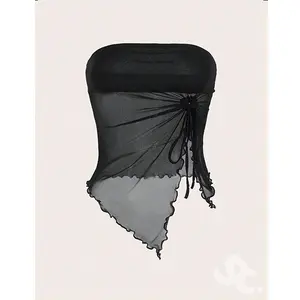 SHEIN Top Lettuce Trim Drawstring Side Asymmetrical Hem Mesh Tube Stretch Wanita