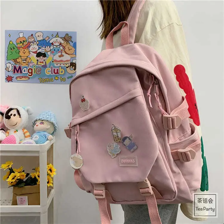 Cặp Sách, Phong Cách Hàn Quốc, Bán Chạy, Thích Hợp Cho Bé Gái Và Học Sinh, Ba Lô Nylon Màu Hồng, Có Thể Đựng Được Máy Tính Xách Tay 14 Inch, [RainbowHouse], Beg Sekolah Perempuan 4