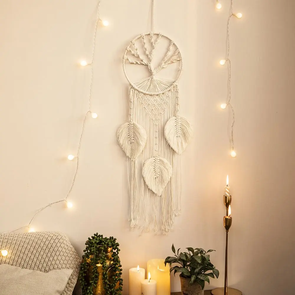 Dream Catcher Hanging Decor, 1 Count Boho Style Woven Tassel Leaf Macrame Dreamcatcher, Wall Hangable Ornament for Home Decor, Spring Decor, Creative Decoration for Bedroom Living Room Wedding