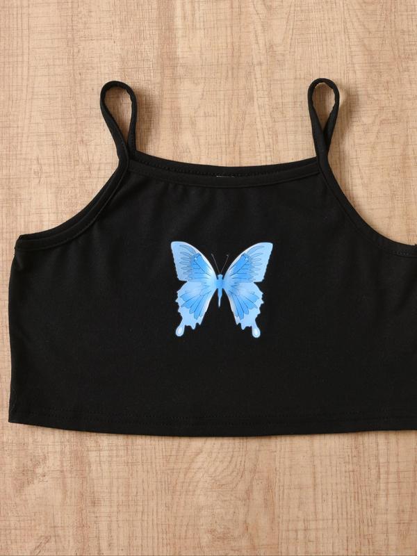 Three-Piece Set Girl's Butterfly Print Zip Up Hoodie & Crop Cami Top & Elastic Waist Sweatpants, Casual Long Sleeve Hooded Jacket & Spaghetti Strap Camisole & Jogger Pants for Spring & Fall, Kids Clothes for Daily Wear 2