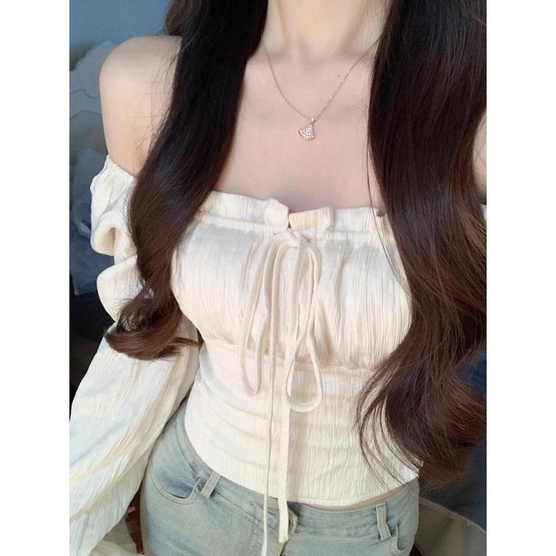 Áo Tay Phồng Trễ Vai, Mỏng Vừa Vặn, Ngọt Ngào Và Hợp Xu hướng, Thời Trang Hàn Quốc, Phong Cách Đơn Giản, Thích Hợp Cho Mùa Xuân Và Mùa Thu, Màu Trắng, Dễ Phối Đồ, Chiều Dài Ngắn Top Sơ Mi Nữ Women Kem