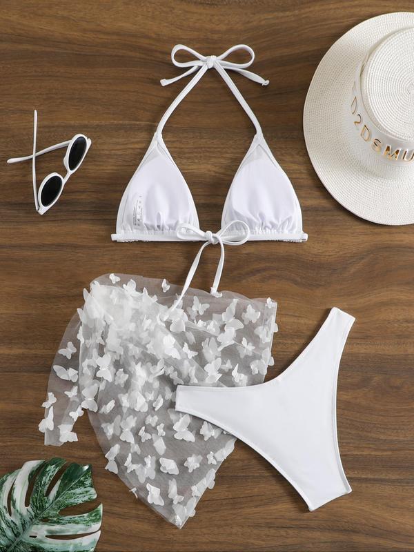 Women's Butterfly Appliques Sheer Bikinis for Summer, Swimsuit Sets, Bathing Suits 2024 for Women Summer, Halter Triangle Swim Bra & High Cut Swim Panty & Knot Side Cover Up Skirt, Summer Tummy Control Swimwear for Beach Holiday 1