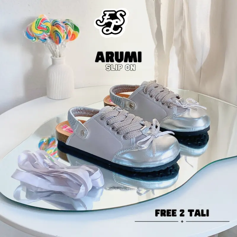 LUMMYSHOP Arumi Slip On Sandal Wanita Coquette Sandal Flat Sandal Santai Wanita Silver Pink Premium Import 6