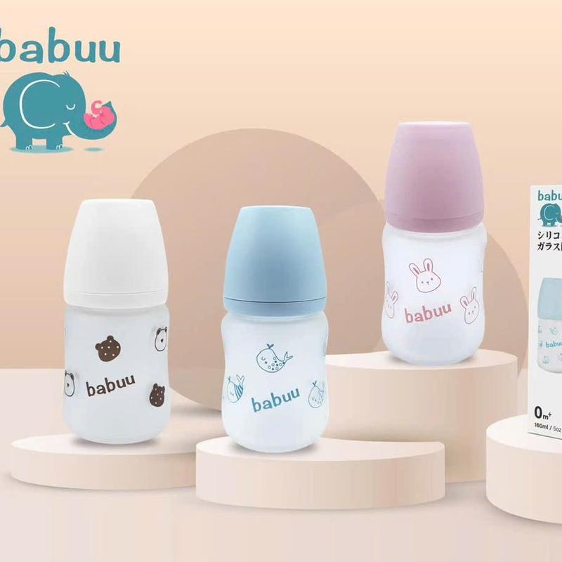 Bình sữa thủy tinh bọc silicone cho bé sơ sinh Babuu cổ rộng 160ml với núm ti siêu mềm và có thể điều chỉnh khớp ngậm cho bé 1