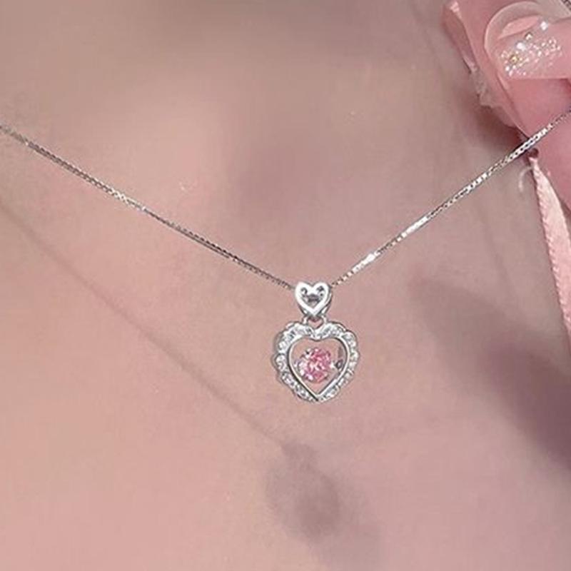 Korea Pink Crystal Pendant Heart Necklace For Women Girls Ins Niche Design Sweet Versatile 5