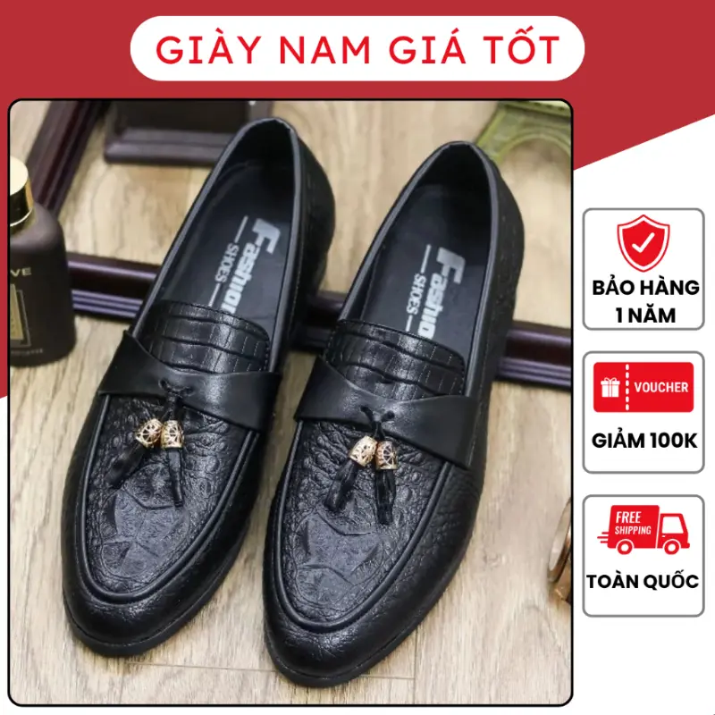 Giày Lười Nam Công Sở Da Bò Thật Dập Vân Cá Sấu Đế Bệt Khâu Cực Bền L184 Trang chủ