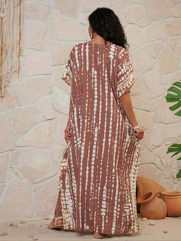 Plus Size All Over Print Batwing Sleeve Split Hem V Neck Dress, Casual Half Sleeve Long Dress for Summer Beach Vacation Holiday, Women's Plus Size Clothing 1