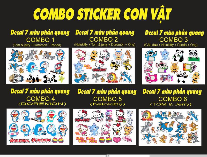 COMBO sticker con vật kích thước 20cm - 25cm Decal 7 màu phản quang Nhãn Dán