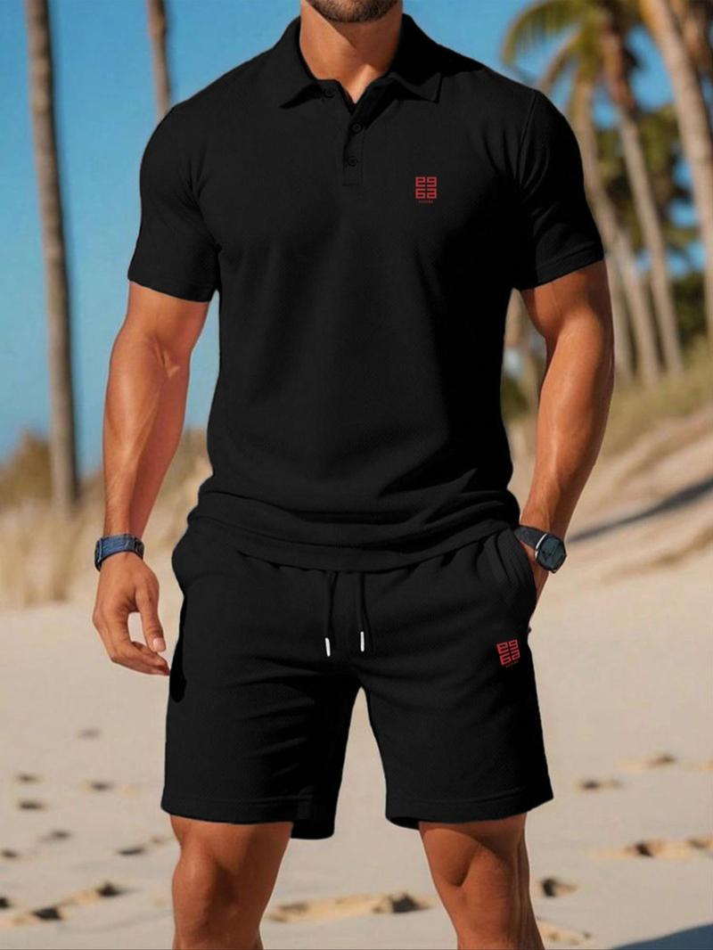 Product Introduction of Men's Letter & Geometric Print Polo Shirt & Shorts Set, Regular Fit Casual Short Sleeve Top & Track Shorts, Men Summer Set for Outdoor 5