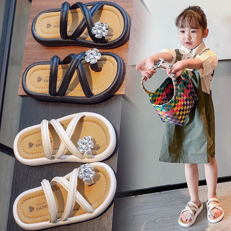 Dép lê Đá xỏ ngón hai màu quai da mềm để dẻo thoáng chân đi học đi chơi đi hằng ngày size 26-35 cho bé gái mùa hè Dép kẹp