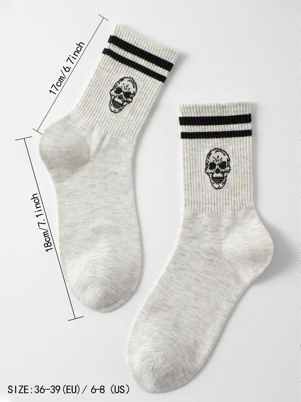 Women's 1 Pair Skull & Striped Pattern Crew Socks, Sporty Casual Mid-calf Socks, Ribbed Knit Socks for Women, Women's Hosiery 5