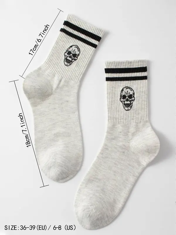 Women's 1 Pair Skull & Striped Pattern Crew Socks, Sporty Casual Mid-calf Socks, Ribbed Knit Socks for Women, Women's Hosiery 5