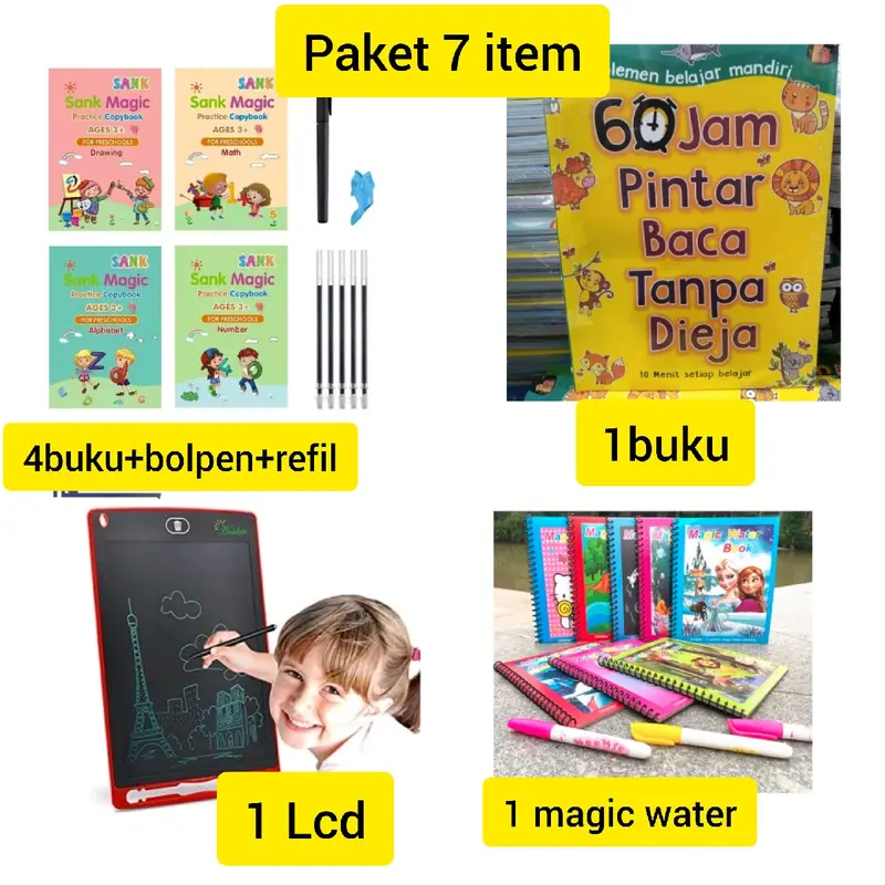 (PROMO 7 item) Paket edukasi belajar membaca belajar menulis 60 jam pintar baca sank magic Lcd 0