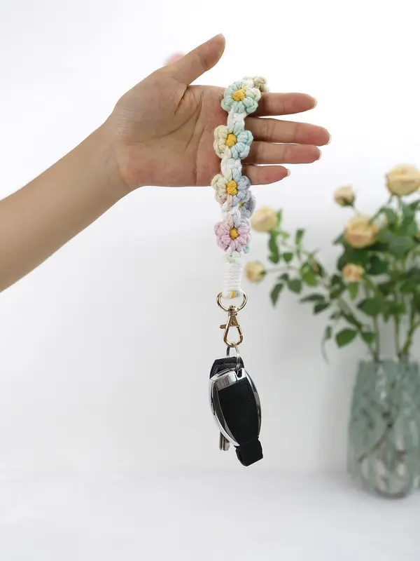 Boho Style Colorful Flower Rope Braided Keychain, Fashionable Crochet Wristlet Keychain for Women & Men, Cute Kawaii Accessories for Women 8