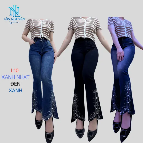 L10 [ Len Nguyen Store ] Quần Jean (Bò) Nữ Loe Dài Dài 95-98cm, Màu Xám, Xanh, Size 42kg-75kg, Thiết Kế Ngọc , Lưng Cao 2 Nút, Co Giãn, Mền Mịn, Bigsize, Hotgirl, Skinny, Ống Ôm,Phong Cách Năng Động, Trẻ Trung, Tự Tin, Dễ Phối Đồ. Women Pants Denim Đen